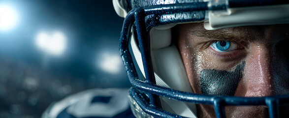 American football player in blue and white helmet staring intensely during a night game in the stadium