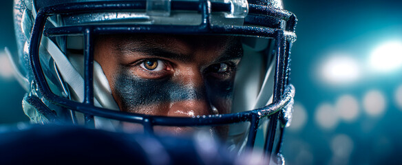 American football player in blue and white helmet staring intensely during a night game in the stadium