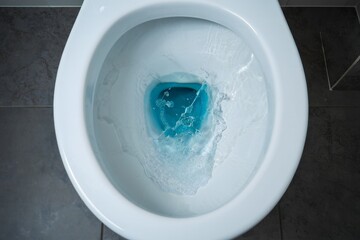 Modern Toilet Flushing with Blue Water - Top Down View