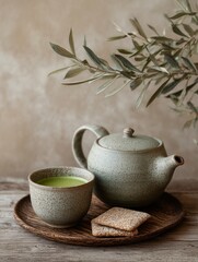 Fototapeta premium Japanese minimal festive dessert with Japanese Christmas tea table in minimal wabi-sabi style, serene Japanese Christmas tea table with green tea and mochi, elegant wooden-tray Japanese Christmas tea 