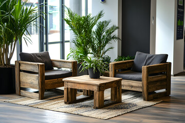 Rustic-Themed Relaxation Area in Open Office with Natural Elements  