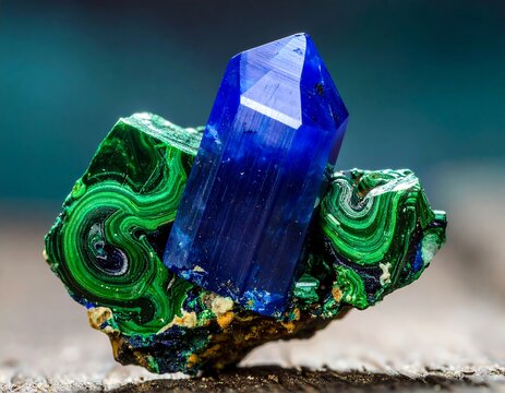 Azurite crystal on green malachite matrix with concentric patterns, displayed on a textured wooden surface