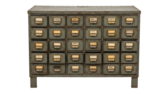 Aged, industrial metal cabinet with small drawers and label holders; vintage aesthetic - Powered by Adobe