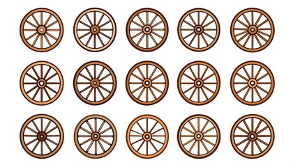 Fototapeta premium A collection of fifteen wooden wagon wheels, arranged in a five-by-three grid on a white background, showing variations of spoke and rim design