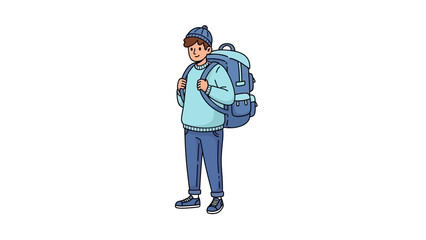 Illustrated young traveler character in warm clothes carrying a large camping backpack, ready for an adventure or trip