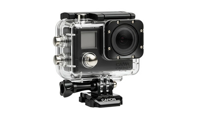 An action camera, encased in clear waterproof housing, mounted on a black bracket