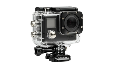 An action camera, encased in clear waterproof housing, mounted on a black bracket