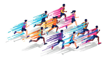Marathon runners in motion with colorful streaks on white background