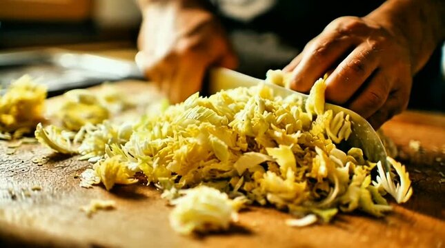 Chef's hands expertly chopping fresh cabbage on a rustic wooden cutting board in a kitchen.