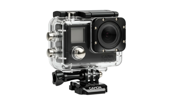 An action camera, encased in clear waterproof housing, mounted on a black bracket