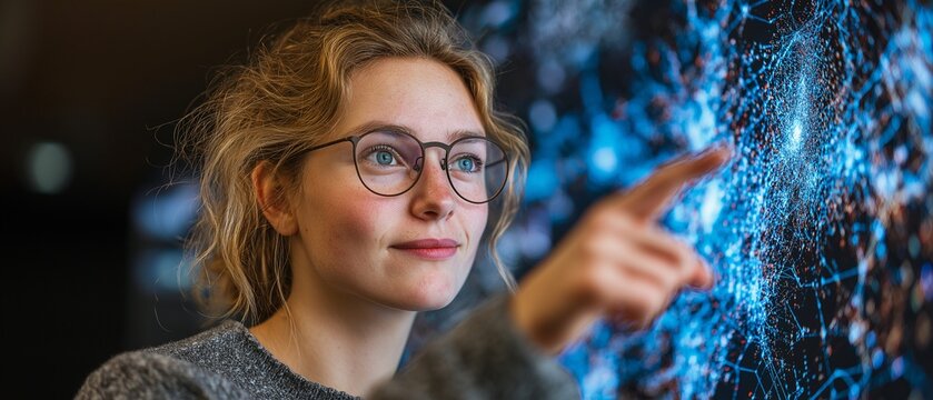 On a giant screen, a young woman professor describes a big data research endeavor.  The neural network model's points