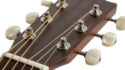 Close-up of a wooden guitar headstock with tuners and strings