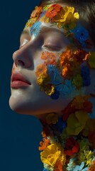 Vibrant colors and a distinctive artistic concept are displayed by a young woman with flowers on her face, who radiates beauty and tranquility against a blue backdrop.