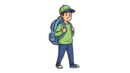Cute student boy character wearing a cap and walking with a blue backpack. Vector cartoon illustration for school or adventure themes