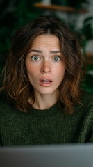 A young, brown-haired woman is working on a laptop indoors amid lush greenery, seeming surprised.