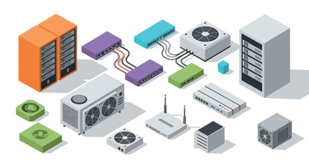 Isometric network hardware set featuring servers and routers with colorful design