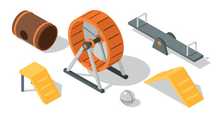 Isometric pet playground set with wheel, slide, tunnel, see saw, and ball