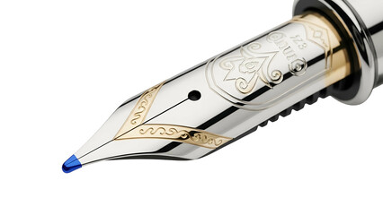 Close-up of a fountain pen nib with ornate design, gold accents, and blue ink