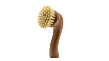 Angled, brown-handled cleaning brush with light-colored bristles, isolated on black background