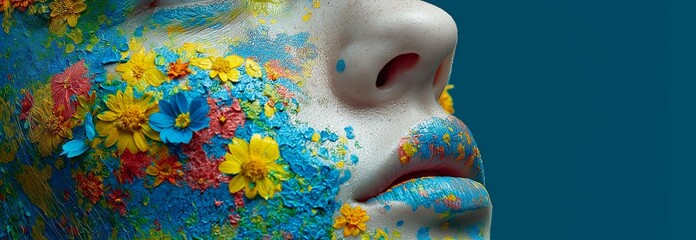 Vibrant colors and a distinctive artistic concept are displayed by a young woman with flowers on her face, who radiates beauty and tranquility against a blue backdrop.
