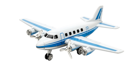 Vintage Twin Engine Propeller Airplane Toy with Blue Stripes on White Background aircraft