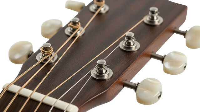 Close-up of a wooden guitar headstock with tuners and strings