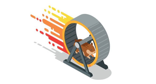 Adorable hamster running in dynamic isometric style wheel with gradient background