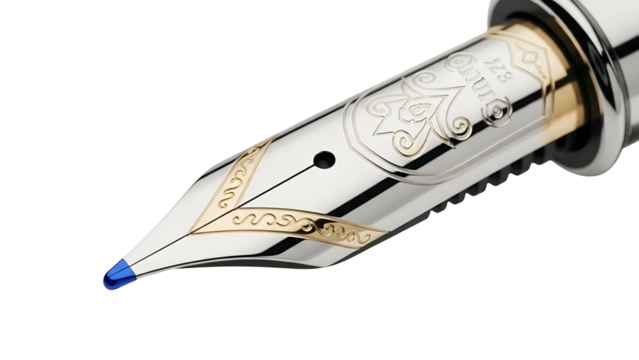 Close-up of a fountain pen nib with ornate design, gold accents, and blue ink - Powered by Adobe