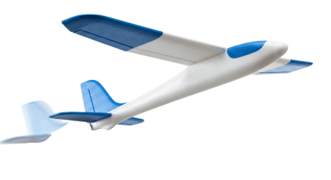White and Blue Toy Glider Airplane in Flight Against Black Background Keywords: airplane, toy, glider, model, aircraft, flying, white, blue, wings, tail