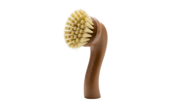 Angled, brown-handled cleaning brush with light-colored bristles, isolated on black background