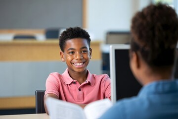 Smiling Teenager Conversing with Another Person in a School Setting