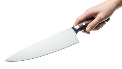 A hand holds a large, shiny kitchen knife against a black background, close-up