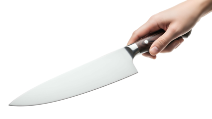 A hand holds a large, shiny kitchen knife against a black background, close-up