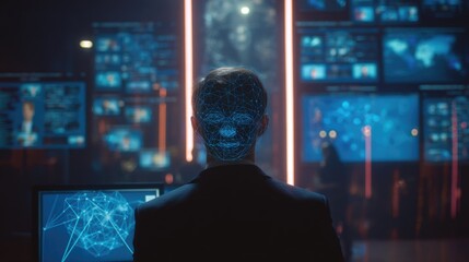A person views glowing data screens in a high-tech control room, with a digital wireframe face overlaying their head, symbolizing advanced AI and surveillance technology.