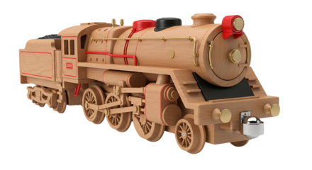 Wooden Toy Steam Locomotive with Red Accents and Brass Details train steam engine