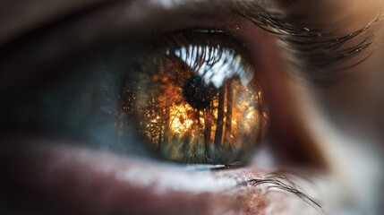 An eye's iris reflects a forest scene bathed in fiery orange light, suggesting intense inner world or environmental reflection.