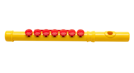 Yellow Plastic Recorder Flute with Red Buttons on a Black Background musical instrument