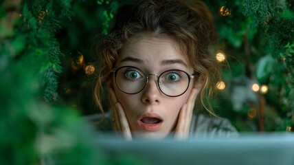 A young, brown-haired woman is working on a laptop indoors amid lush greenery, seeming surprised.