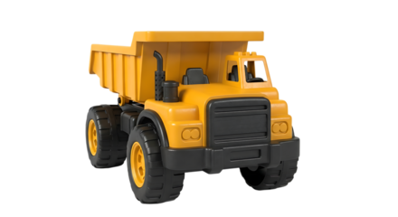 Yellow Toy Dump Truck with Black Wheels and Details Isolated on Black Keywords: toy truck, dump truck, construction vehicle, yellow truck, heavy equipment