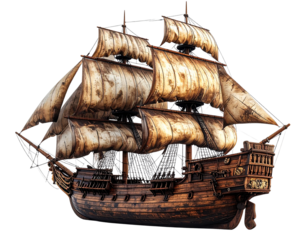 Pirate Sailing Ship 3D Render, Front Angle with Weathered Details, Transparent Background