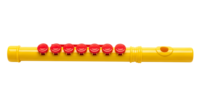 Yellow Plastic Recorder Flute with Red Buttons on a Black Background musical instrument
