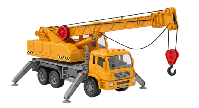 Yellow Toy Mobile Crane with Stabilizers Extended and Red Hook on Black Background