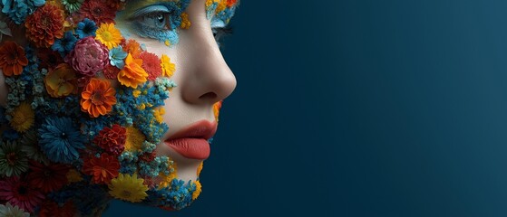 Vibrant colors and a distinctive artistic concept are displayed by a young woman with flowers on her face, who radiates beauty and tranquility against a blue backdrop.