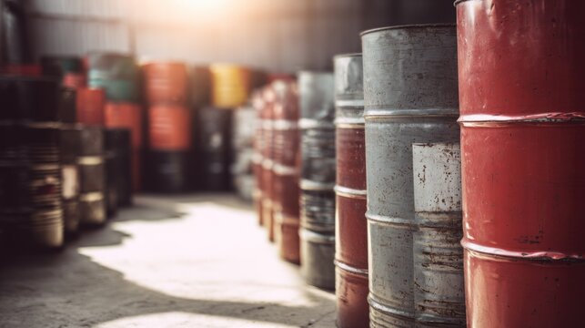 Weathered red and grey industrial barrels line a sunlit warehouse floor. These aged drums suggest storage of liquids, depicting a raw industrial environment. - Powered by Adobe