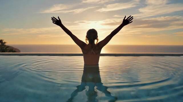Composite triptych of a woman's silhouette enjoying an ocean sunset from an infinity pool. Female adult raises her arms in a gesture of freedom and happiness. Luxury resort lifestyle