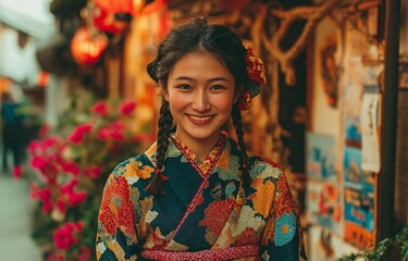 A young Asian woman smiling while donning a traditional flowery kimono