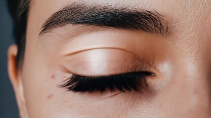 Composite image showing the blinking process of a young woman's eye in three stages. Macro detail of a beautiful hazel iris, perfect eyebrows and long eyelashes with mascara - Powered by Adobe
