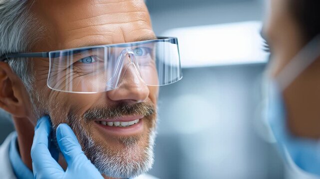 A patient in a modern clinic smiles and nods while talking to a doctor, with a slight movement of his head demonstrating friendly concern and calm professional behavior during the consultation.