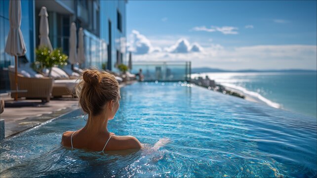 A woman swimming in the stunning beach hotel resort's rooftop pool