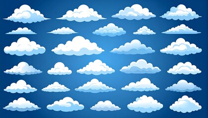 A collection of fluffy, stylized clouds in varying shapes and sizes, set against a gradient blue background. The illustration is cartoonish in style